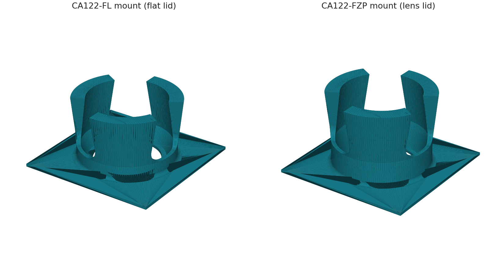 The two printable snap mounts: the CA122-FL flat-lid version and the CA122-FZP lens-lid version
